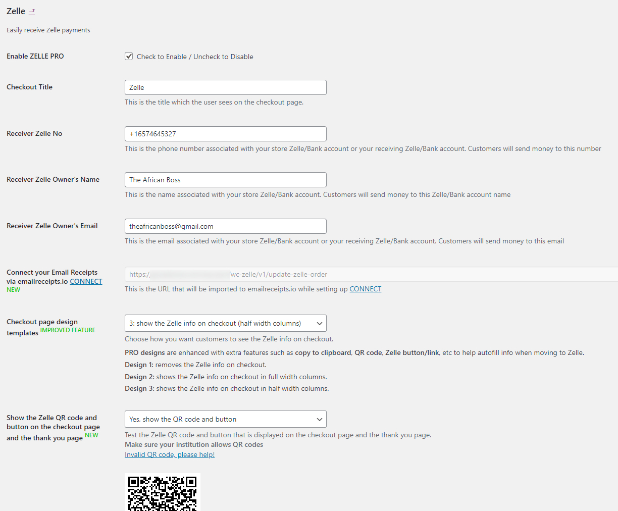 Plugin settings for the Zelle payment method and this information will be displayed to your customers