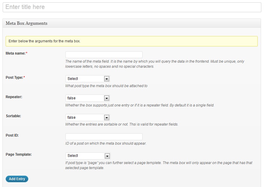 Custom Fields Creator - Meta box arguments