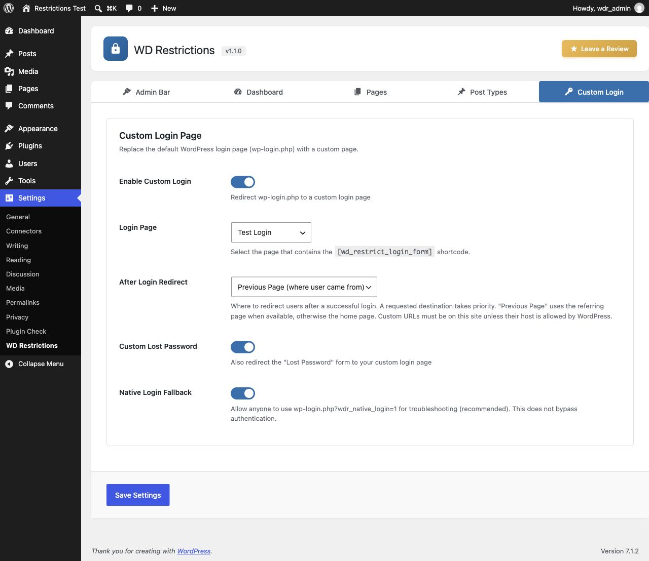 Custom Login settings