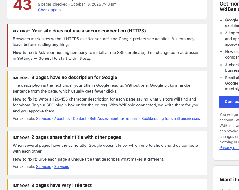 Each problem with how to fix it and the affected pages.