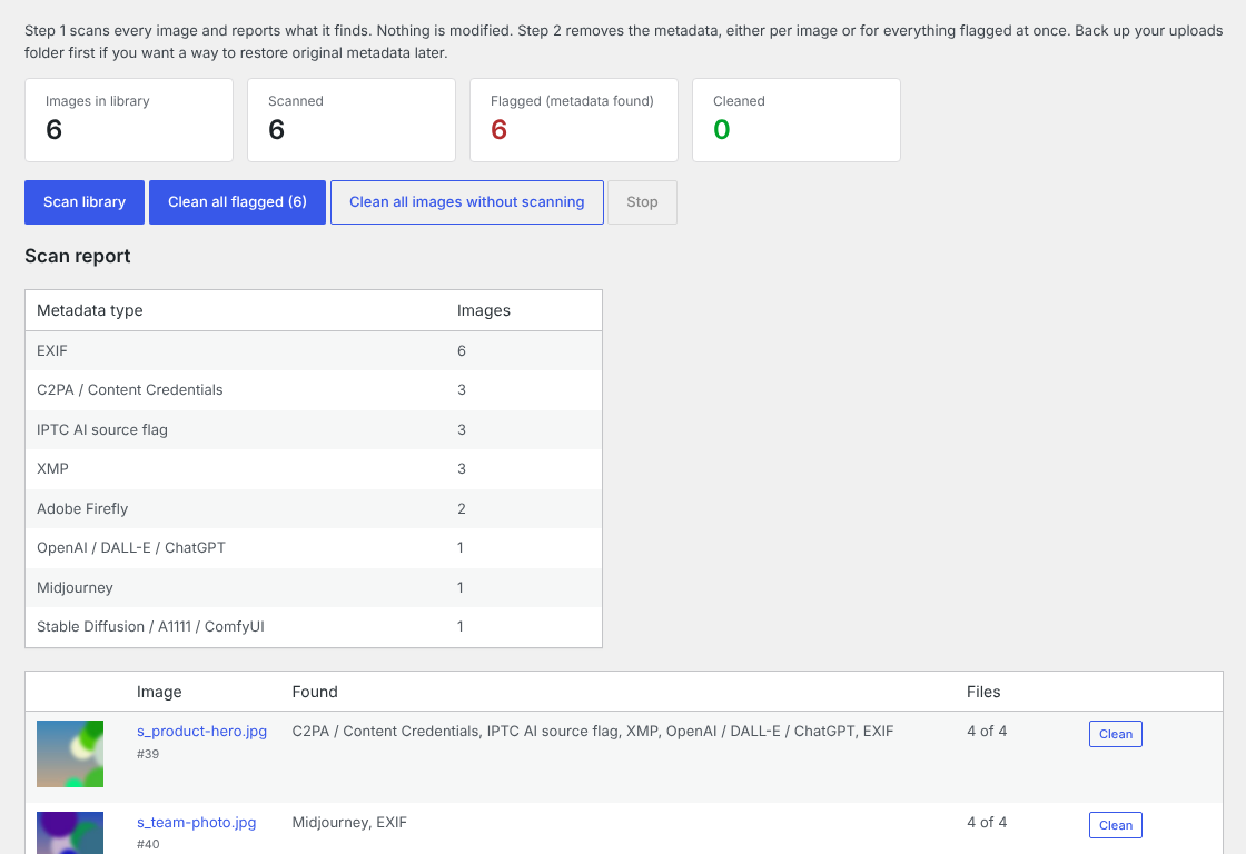 The scan report: what metadata was found by type, and every flagged image with a one-click Clean button.