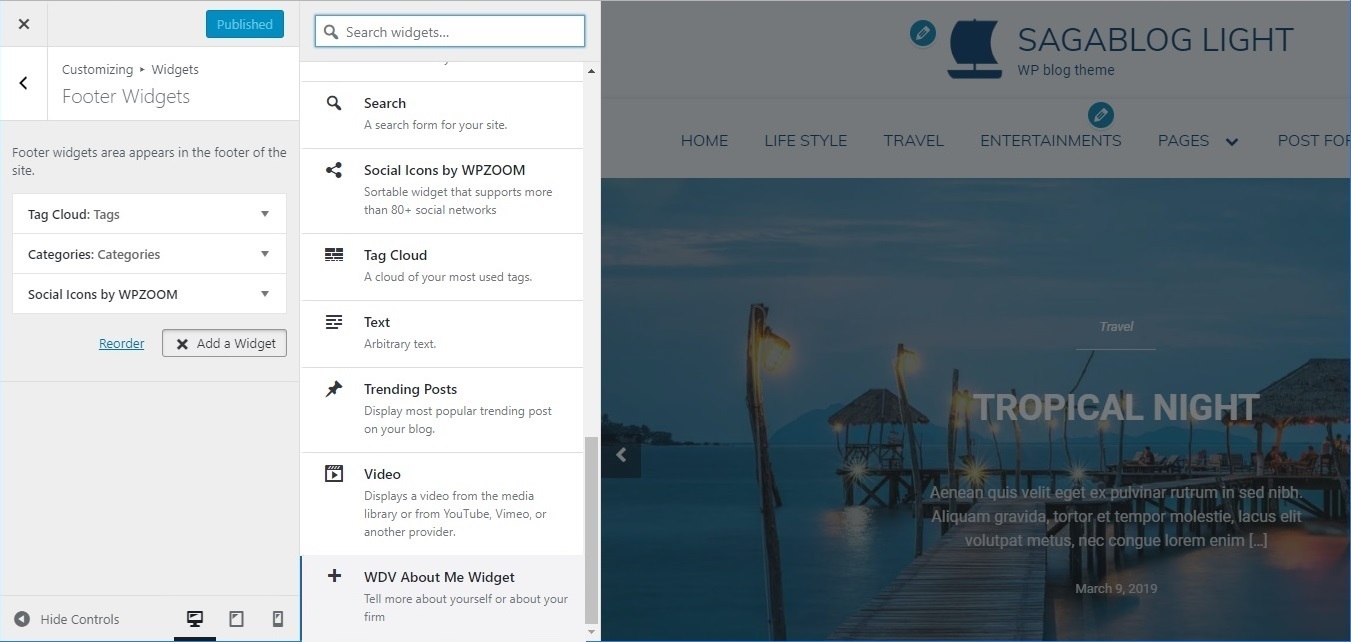 Add new "WDV About Me Widget" widget in Customizer using "Widgets > Add a Widget".