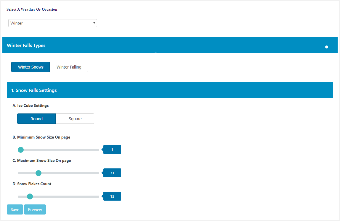 Winter Falls Settings Page