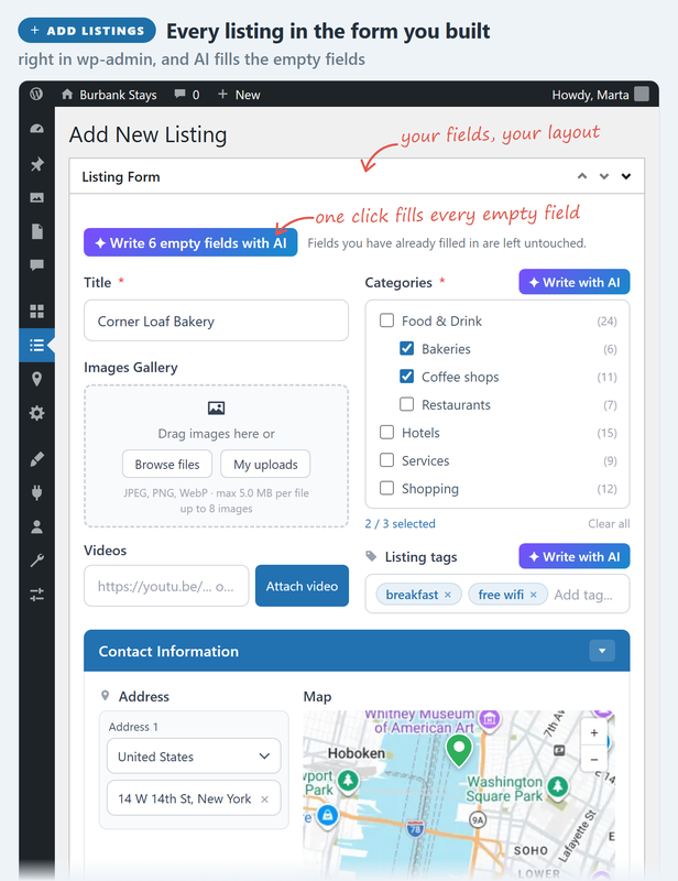 Adding a listing in wp-admin with the listing form you built; with the AI Assistant Add-on, one click fills every empty field.