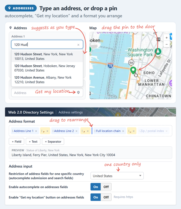 Address input with autocomplete, a Get my location button and a map pin you can drag, plus an address format you arrange yourself.
