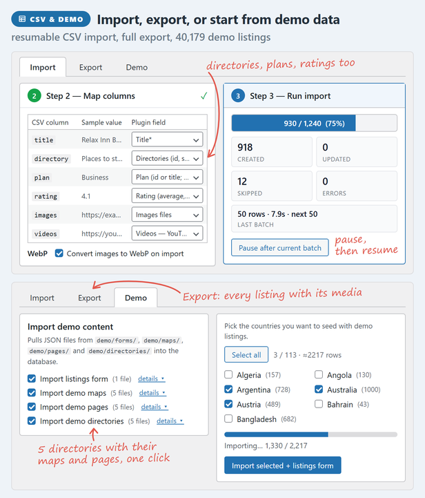 CSV import with column mapping and a resumable progress bar, full export, and demo content: 5 directories with their maps and pages, and demo listings for the countries you pick.