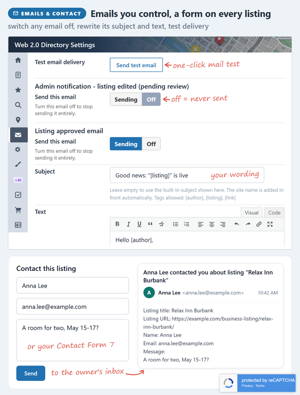 Email notifications you can switch off or reword, a test-email button, and a contact form on every listing, protected by reCAPTCHA.