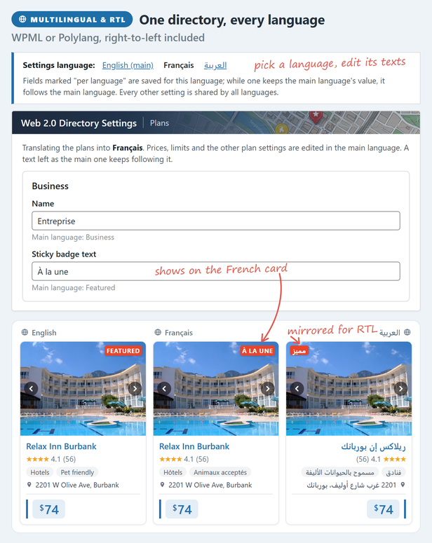 WPML and Polylang, with settings per language, and right-to-left languages: the same listing card in English, French and Arabic.