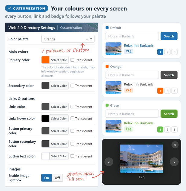 Seven colour palettes or your own colours, applied to every button, link and badge, and an image lightbox.