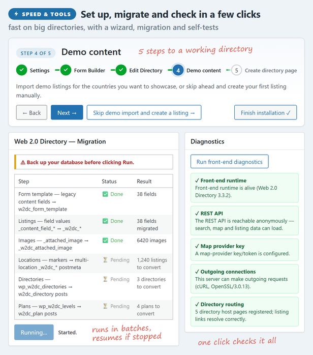 The setup wizard, migration from the previous version in resumable batches, and one-click diagnostics.
