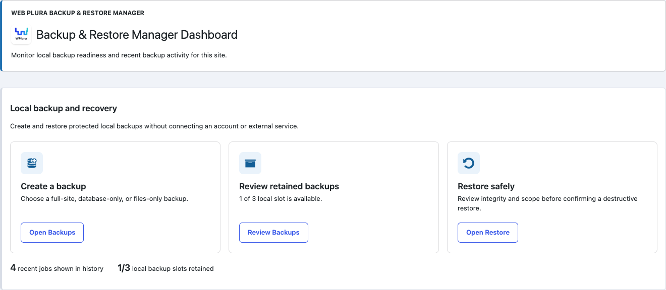 Backup & Restore Manager dashboard showing local backup readiness, retained backup activity, and recovery status at a glance.