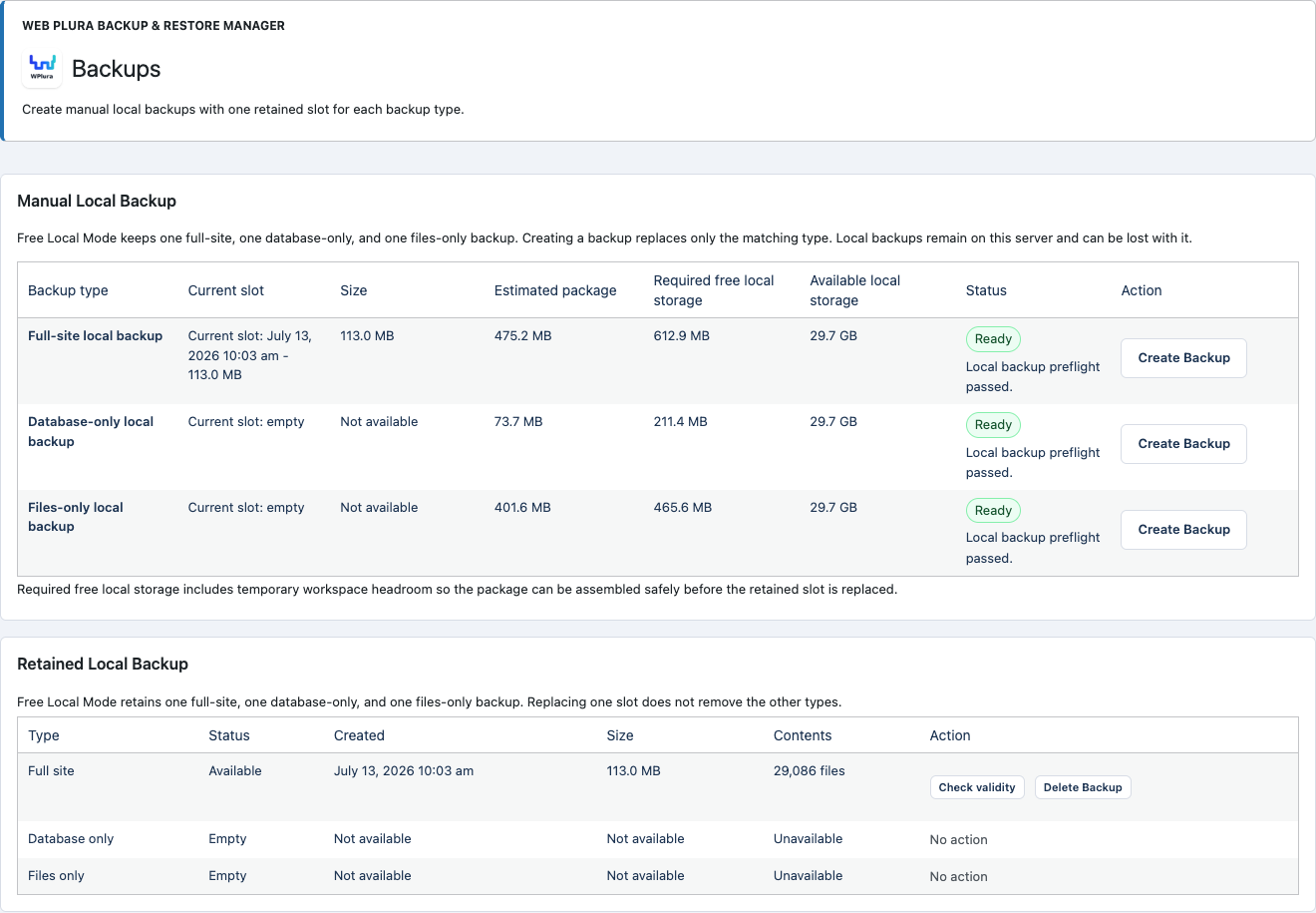 Backups screen for manual full-site, database-only, and files-only backups with retained local slot review.