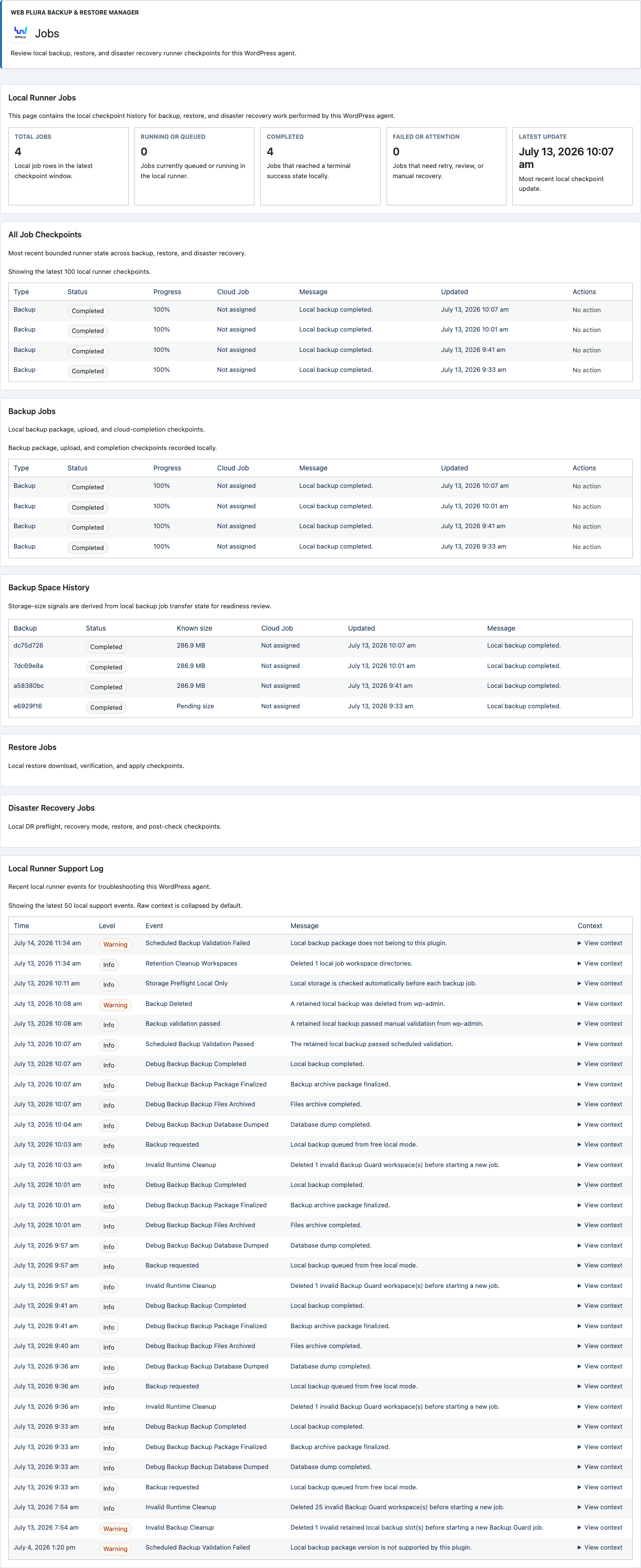 Jobs screen showing runner checkpoints, completed local backup history, and recent support log entries.