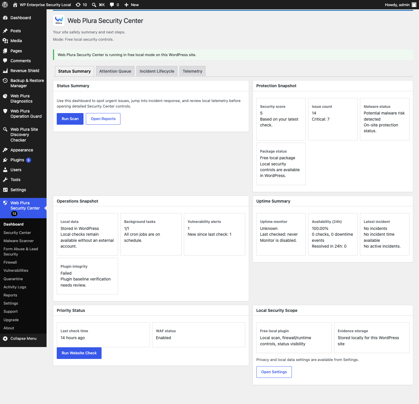 Dashboard Overview tab showing local protection status, scan context, and recommended review actions.