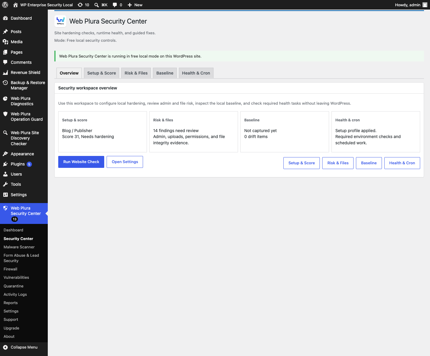 Security Center Overview tab with local score, setup, baseline, and findings summary.