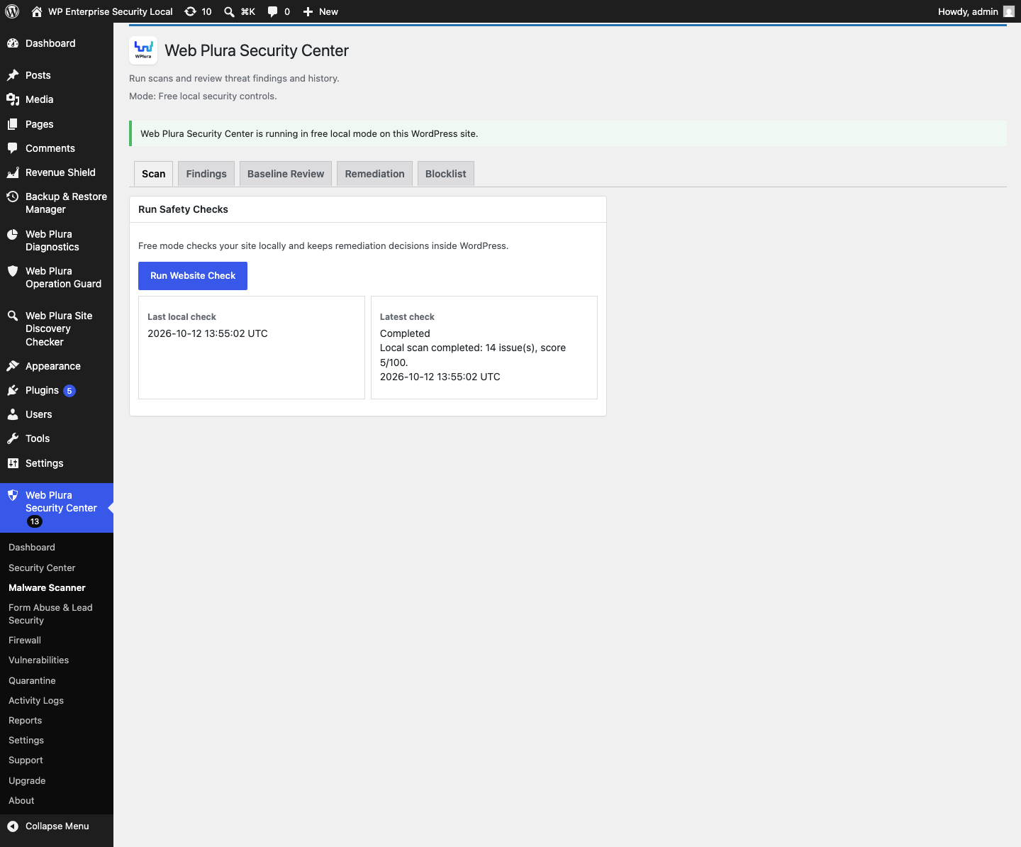 Malware Scanner Scan tab for local quick and full scans.