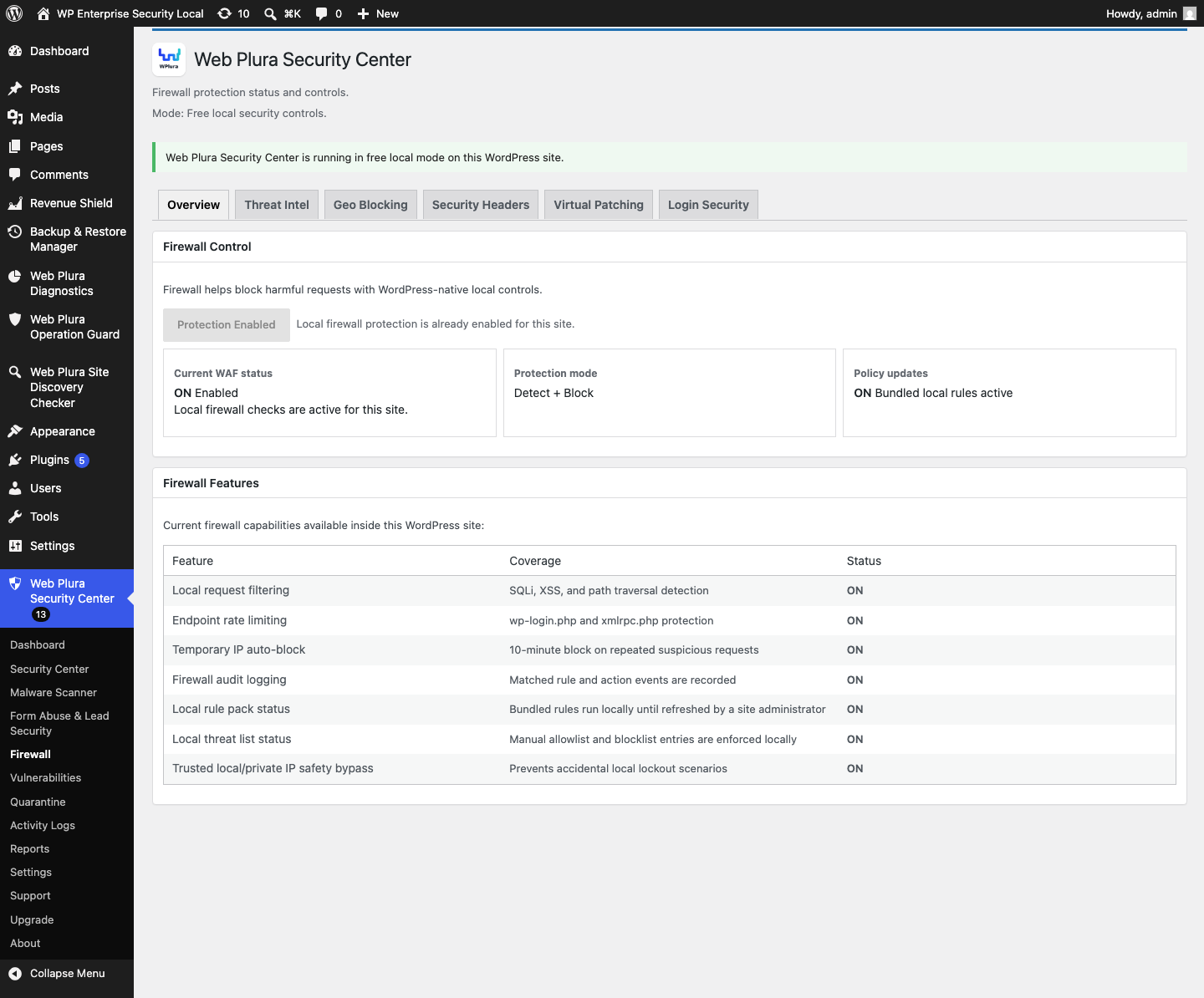 Firewall Overview tab for local firewall status, feature coverage, and quick protection actions.