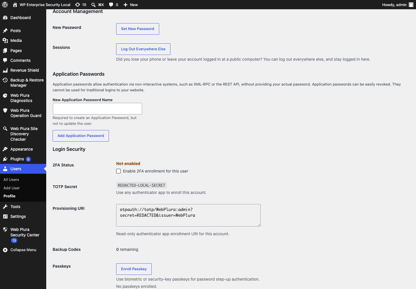 User profile login-security controls for supported 2FA, passkeys, and backup codes.