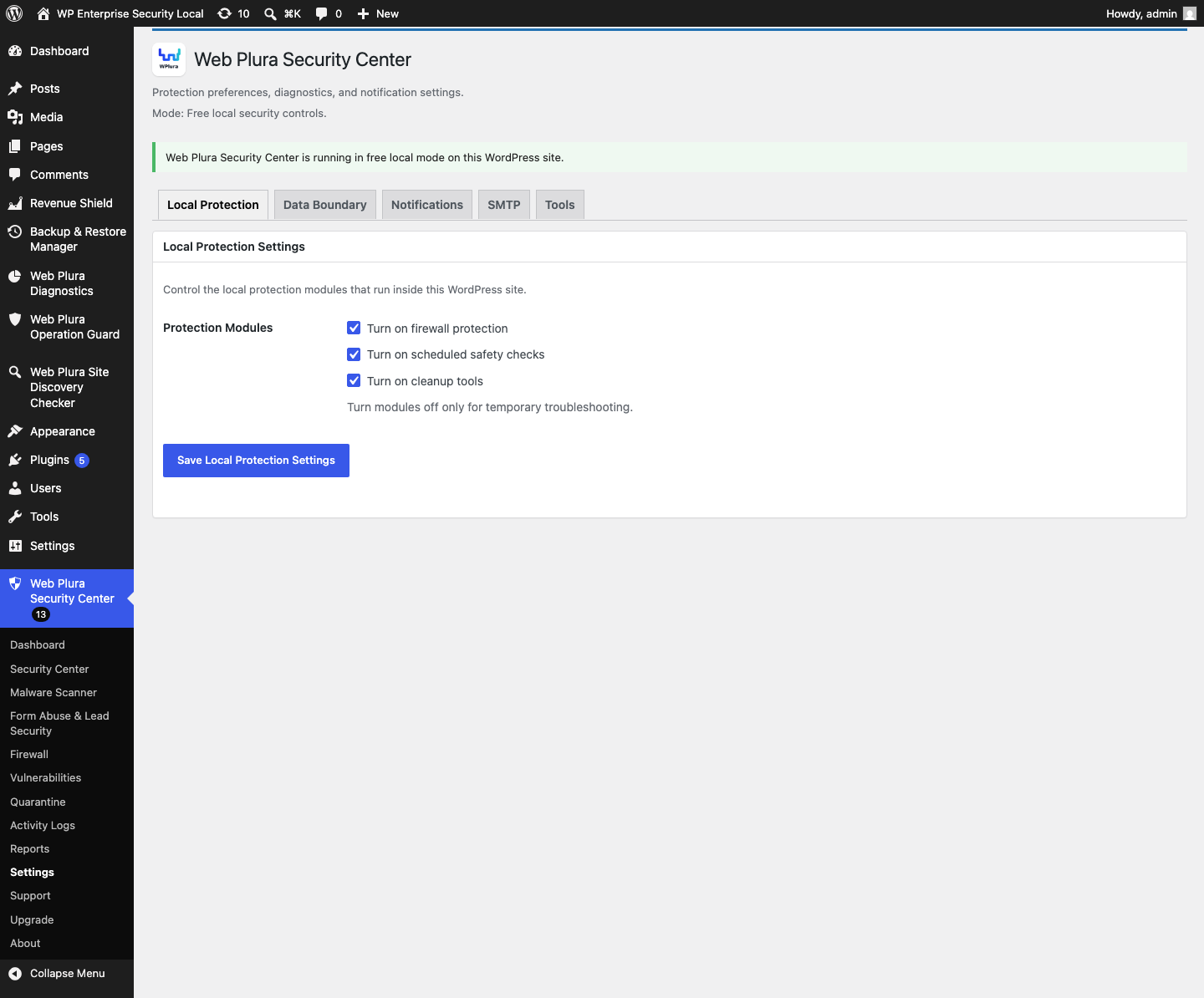 Settings Local Protection tab for local security modules.