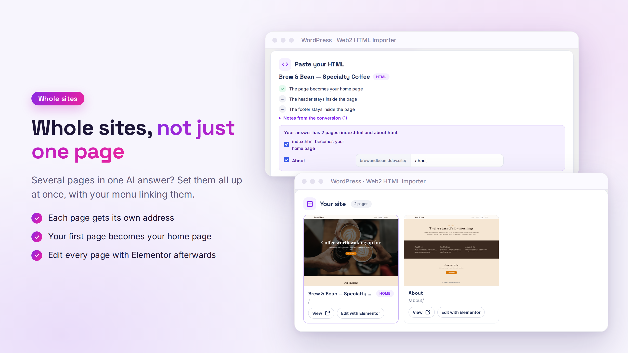 Whole sites, not just one page: several pages in one AI answer are set up at once, with your menu linking them.