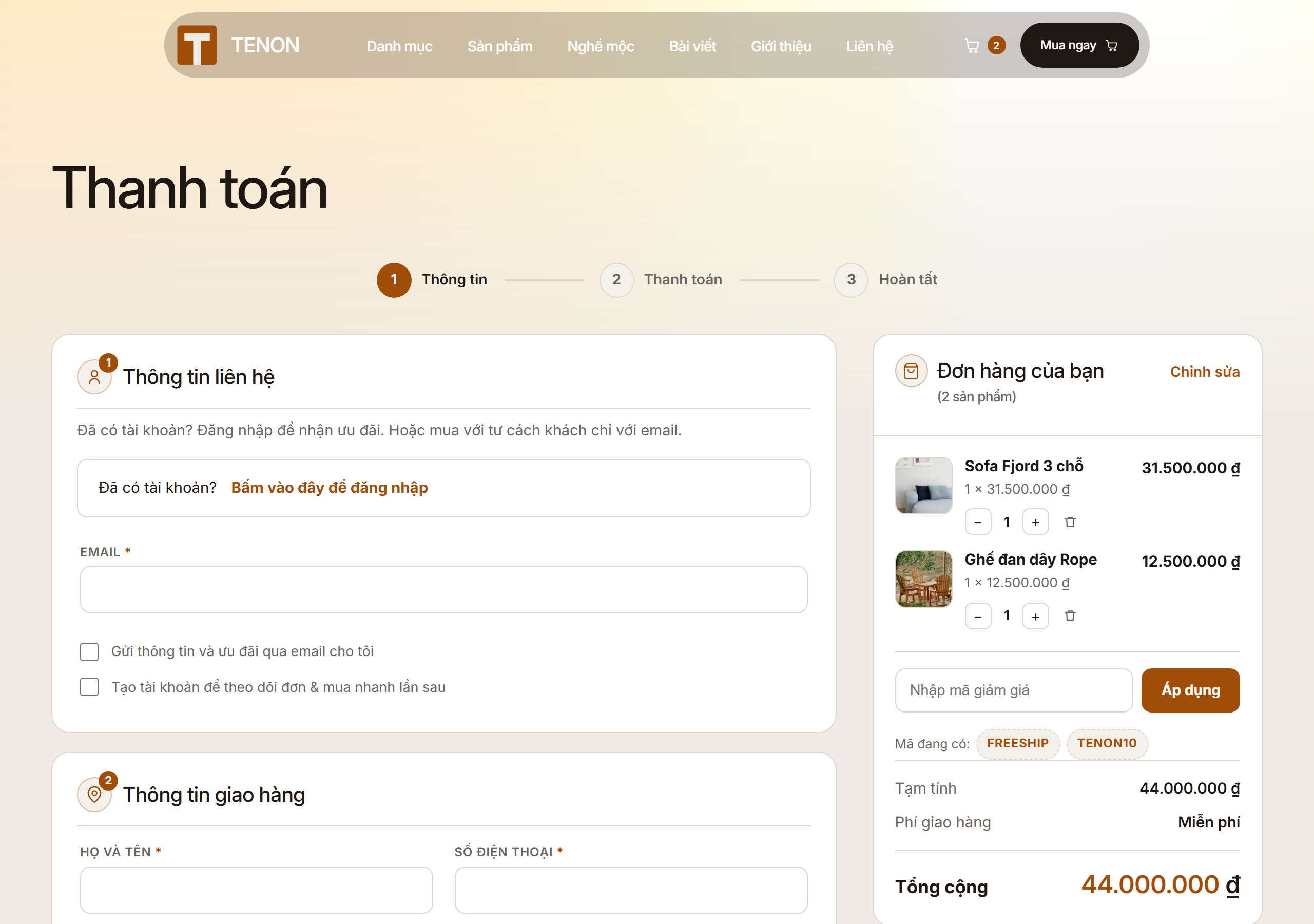 One-page checkout on desktop: contact and shipping form on the left, order summary with product images and totals on the right, plus a 3-step progress bar.