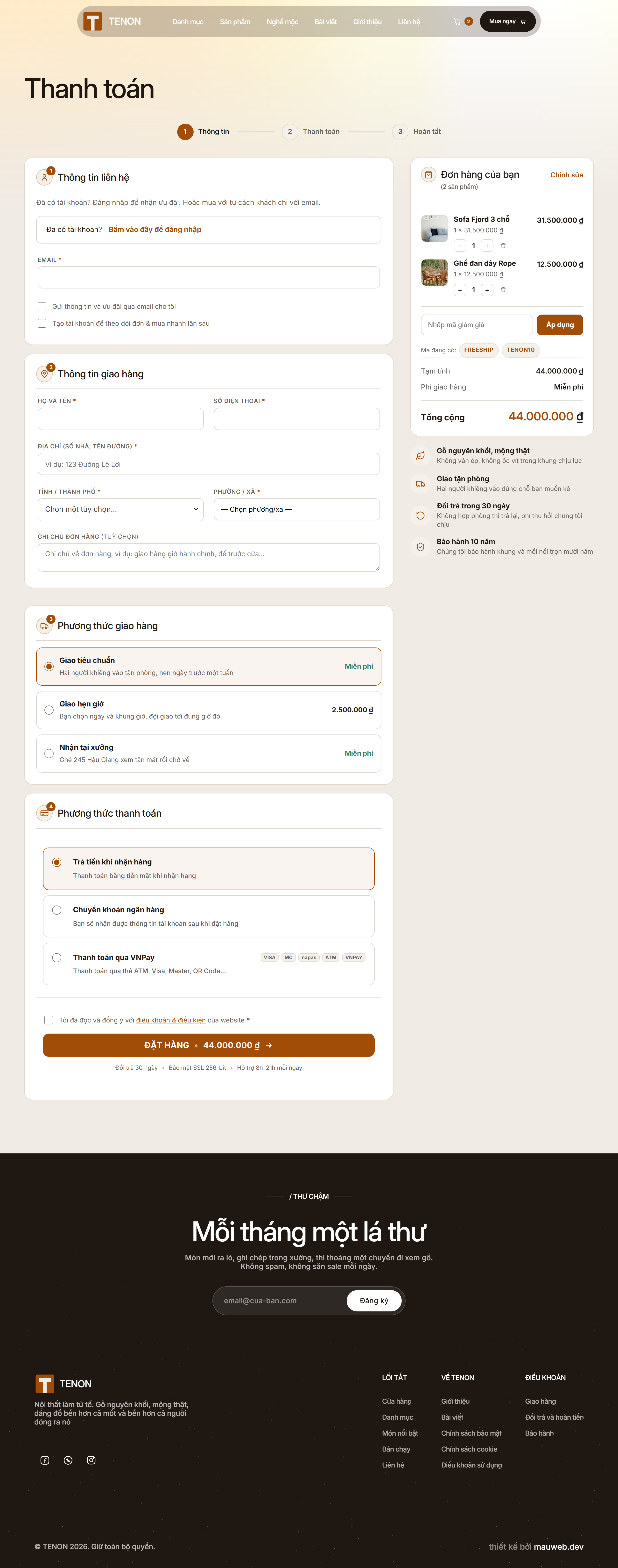 Full checkout flow: Vietnam 2-tier address (Province/City to Ward, 2025 reform), shipping methods, and payment options (COD, bank transfer).