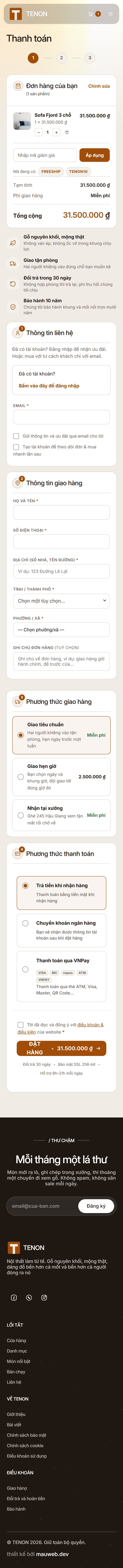 Mobile checkout: the same one-page layout adapts to a single column.