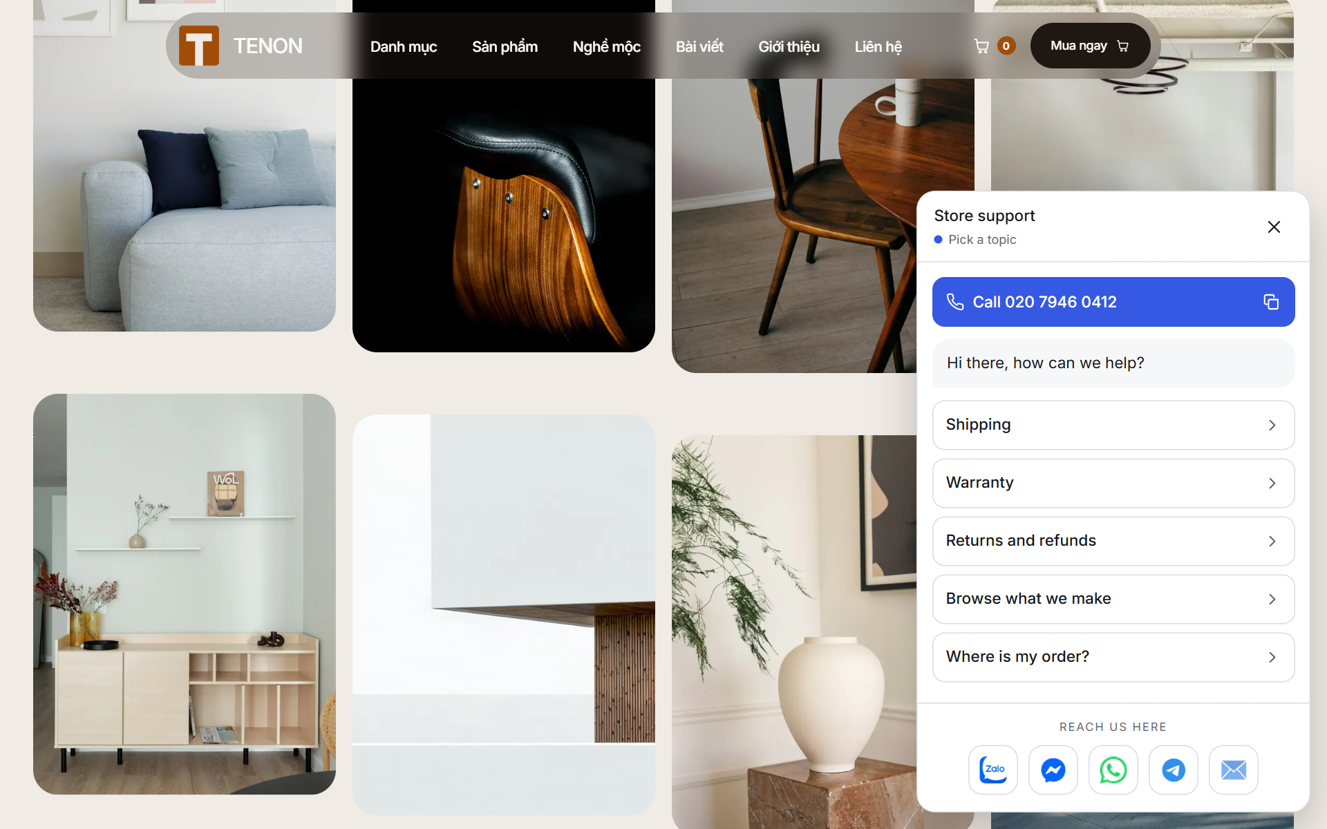 Open, with the call button, your greeting, the topics you wrote and a row of contact links.