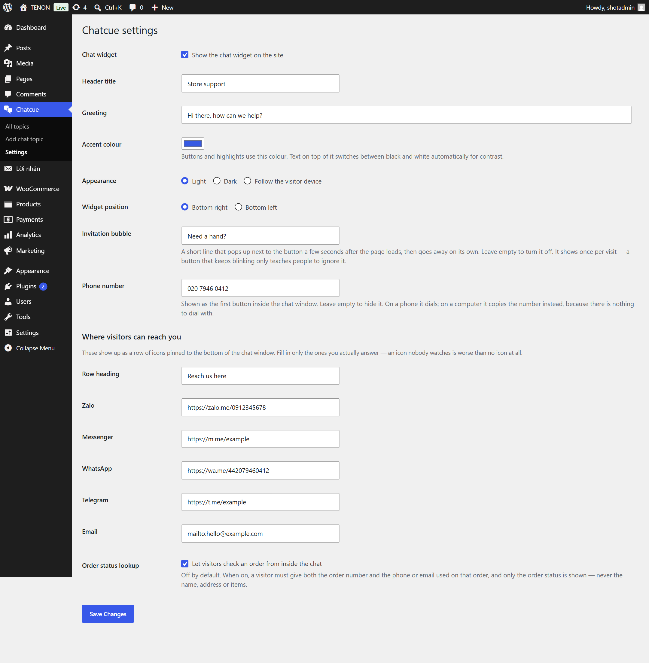 The settings screen: colours, position, invitation, phone number and contact links.