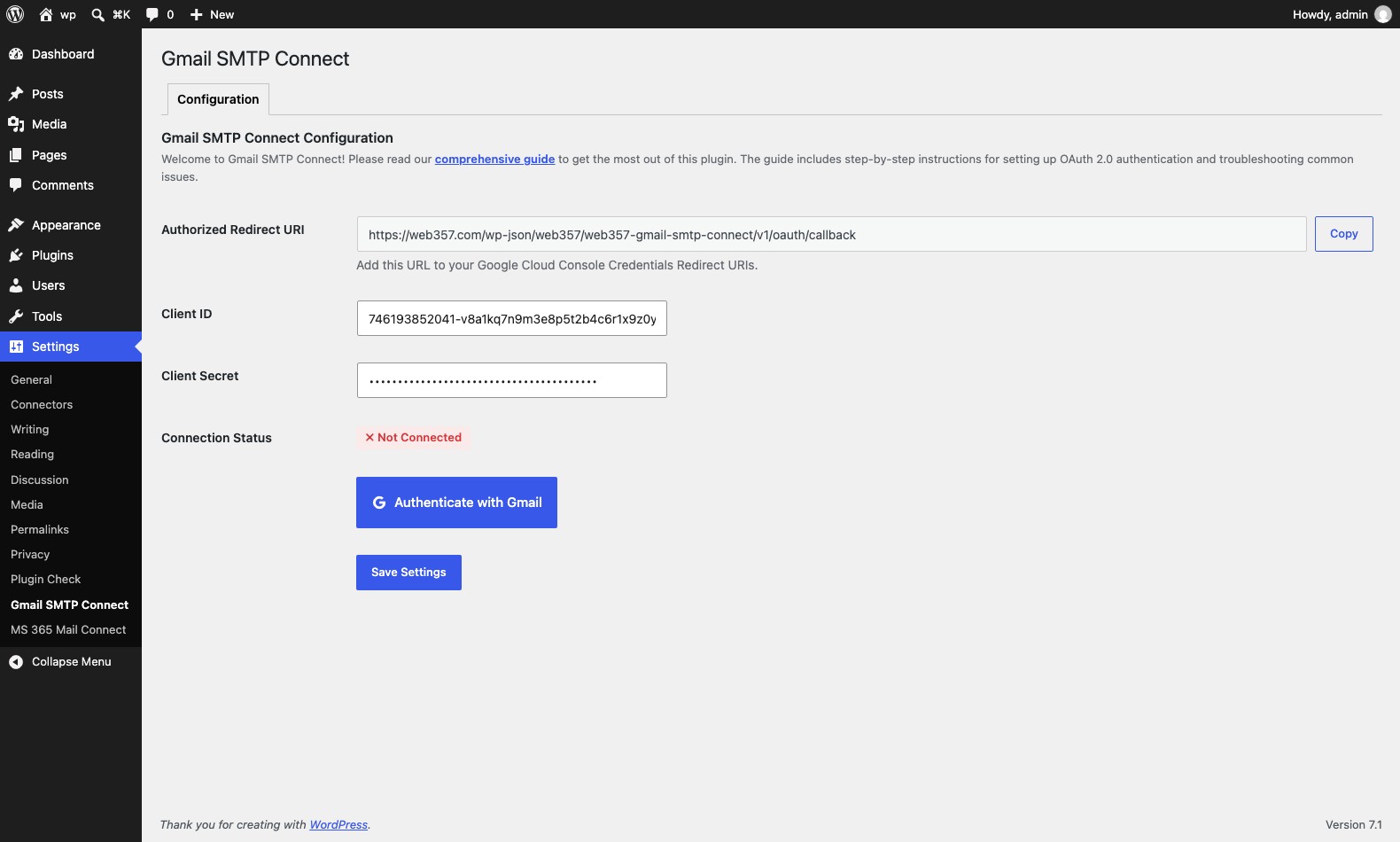 Configuration tab: connect your Gmail or Google Workspace account with one click using OAuth 2.0.