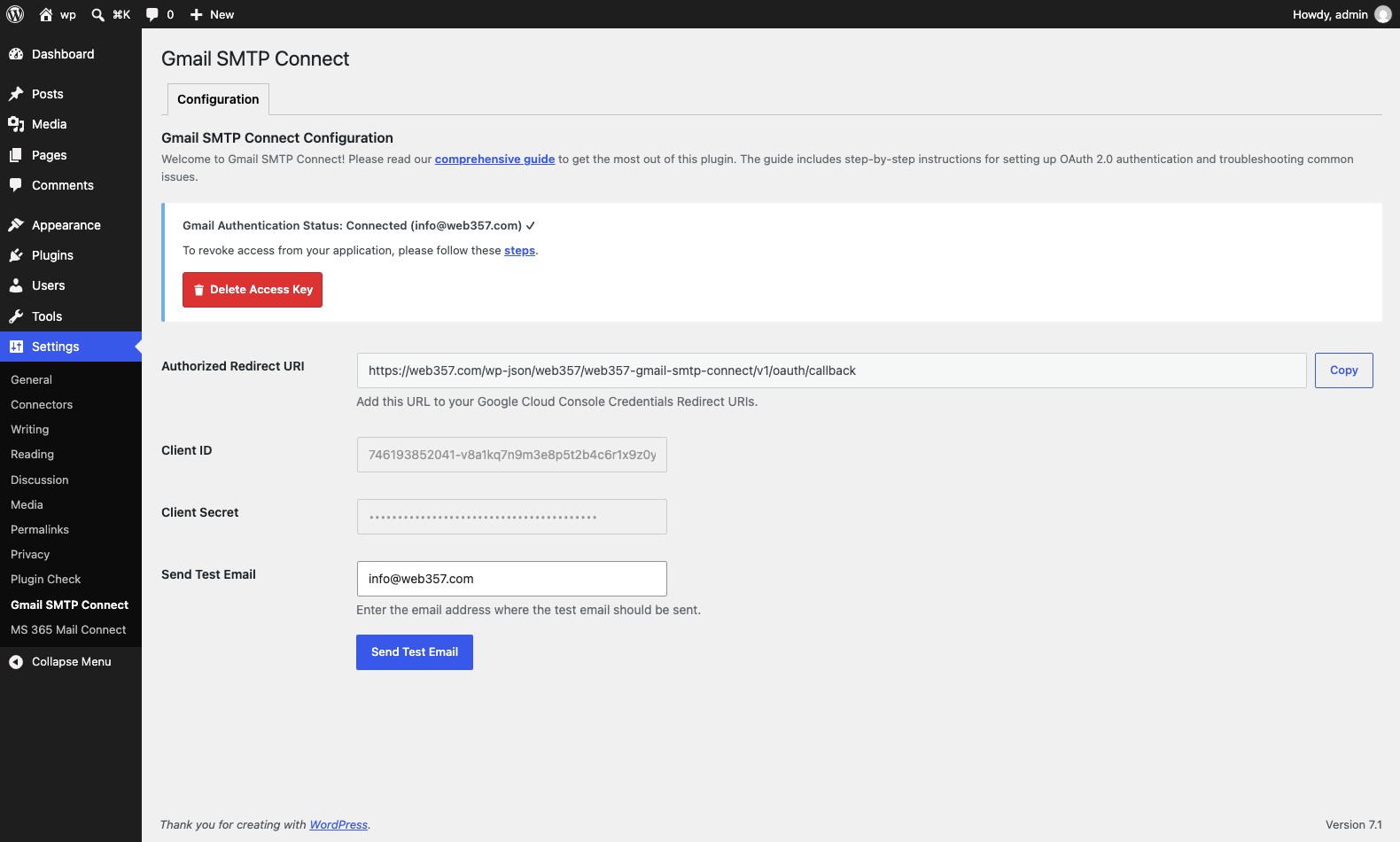 Connection status: confirms the connected Google mailbox and gives a one-click revoke button.