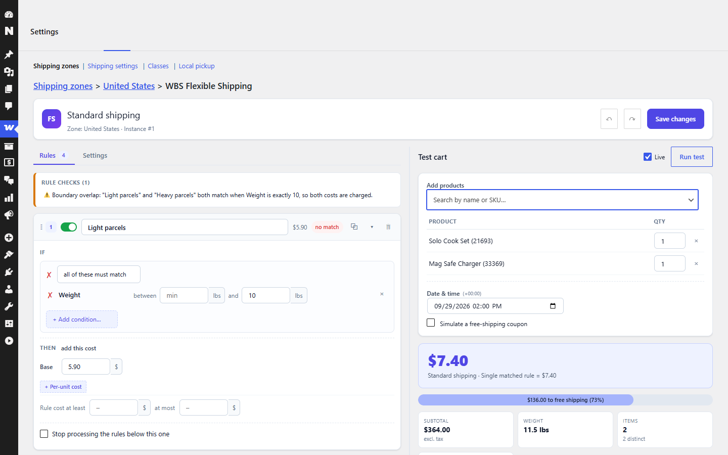 Split-screen rule editor: rules on the left, a live test cart on the right with the resulting shipping cost and free-shipping progress.