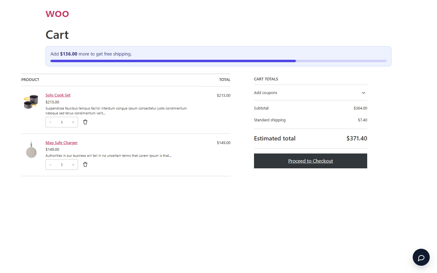 "Add $X more for free shipping" progress bar on the cart.