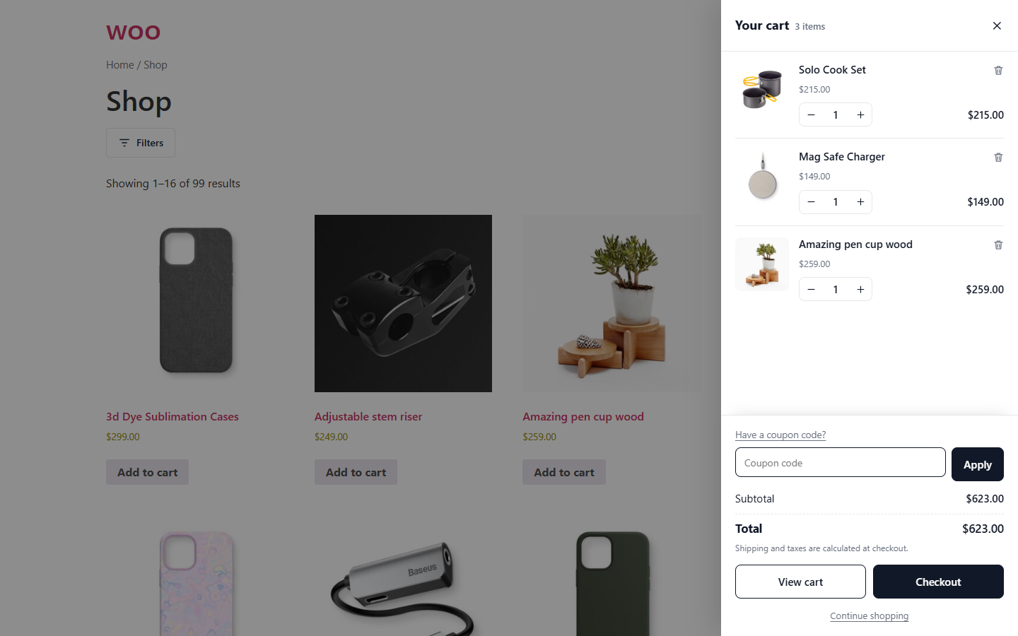 The side cart: quantity controls, remove, coupon field, totals and checkout.