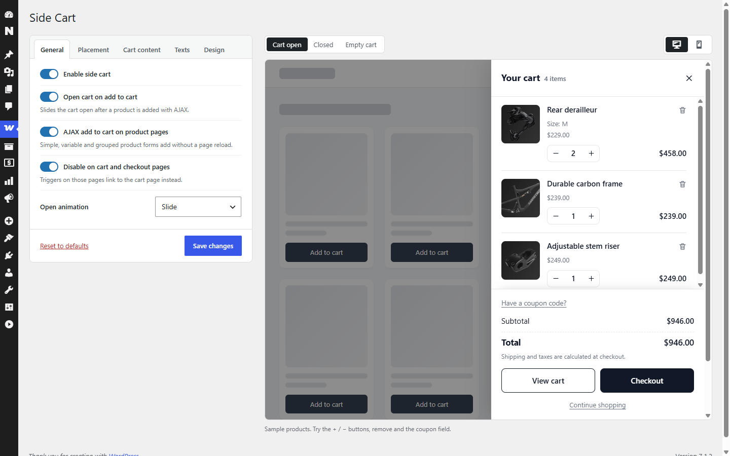 Settings under WooCommerce > Side Cart with the live preview.