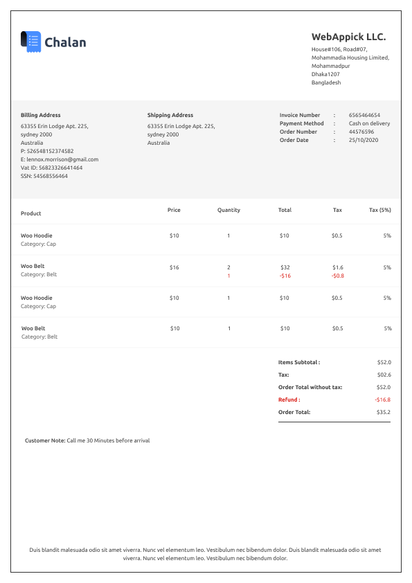 Challan &#8211; PDF Invoice &amp; Packing Slip for WooCommerce