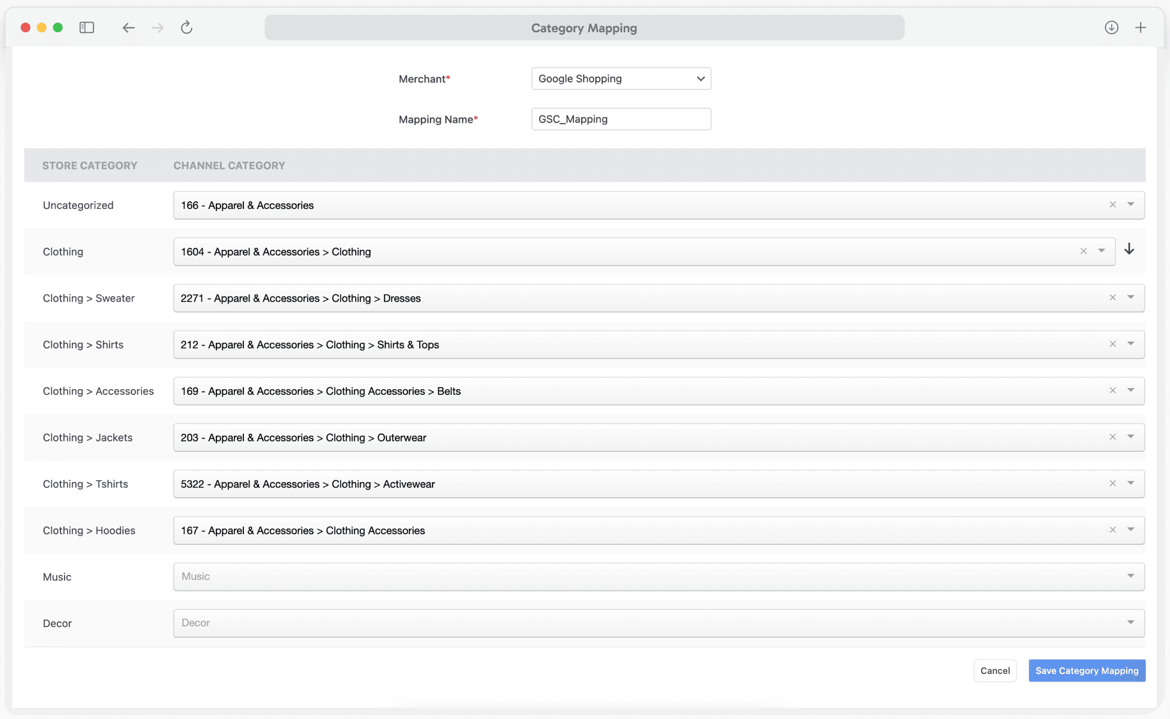 Category Mapping: Map store categories to feed categories