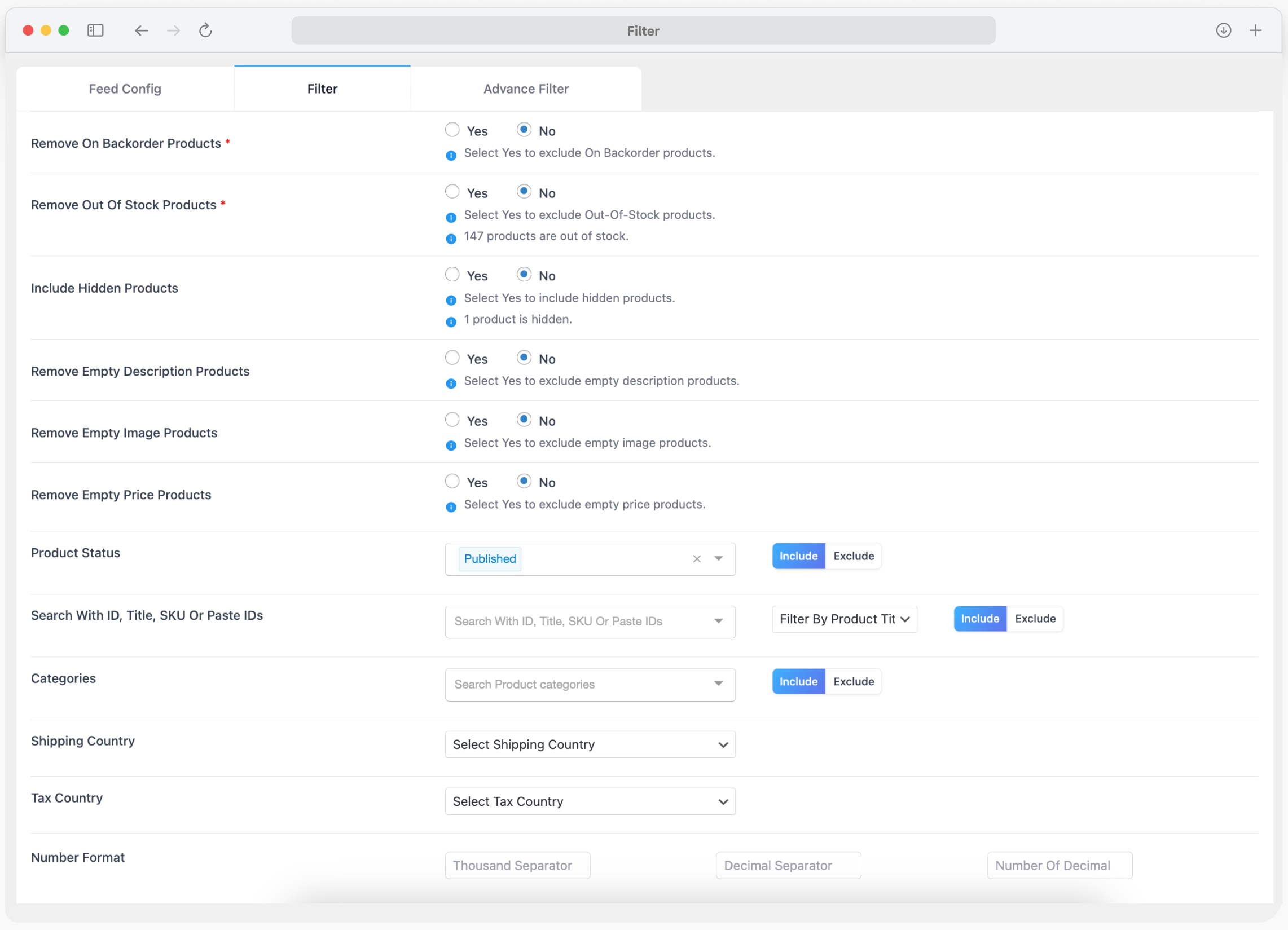 Filter: Filter products for feed generation