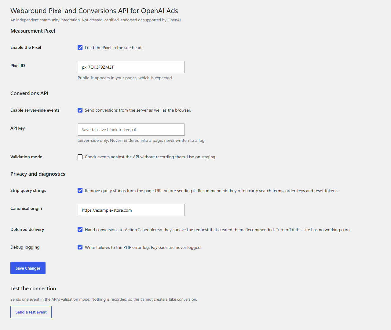 General - the Pixel, the Conversions API, and a connection test.