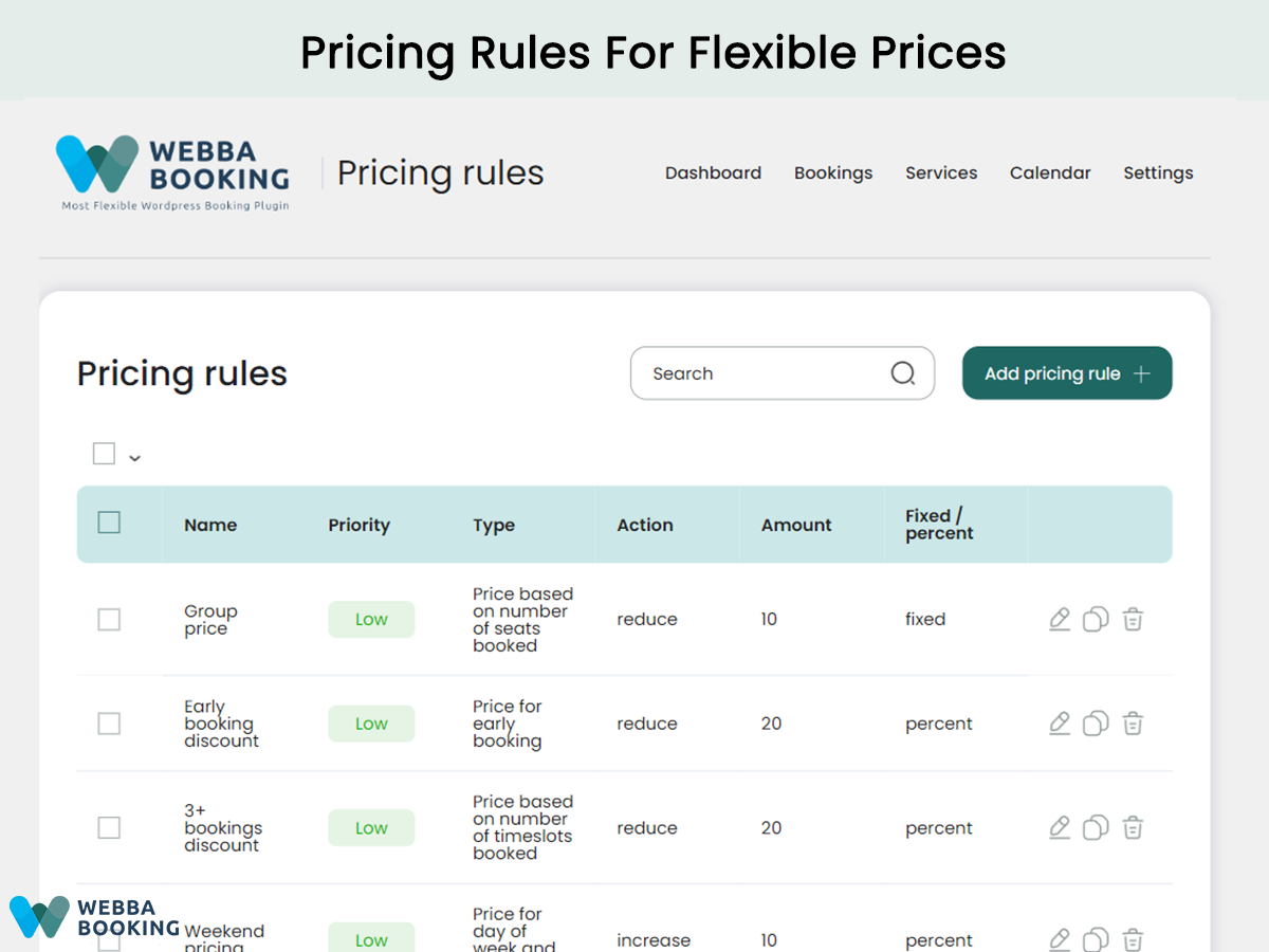 Set up pricing rules based on day, early booking and more