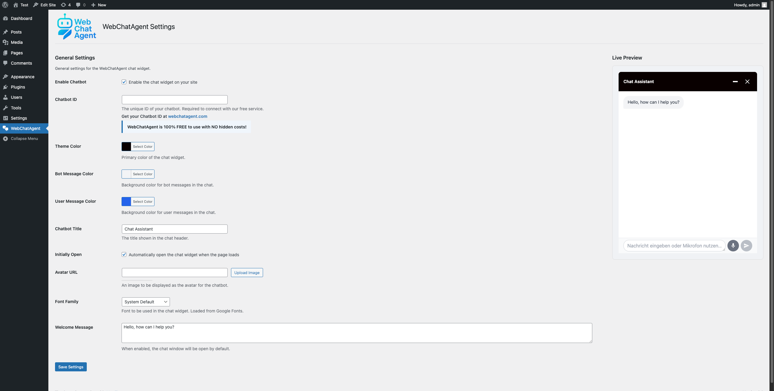 Free AI Chatbot Agent for WordPress with ChatGPT Support by WebChatAgent - Screenshot 1
