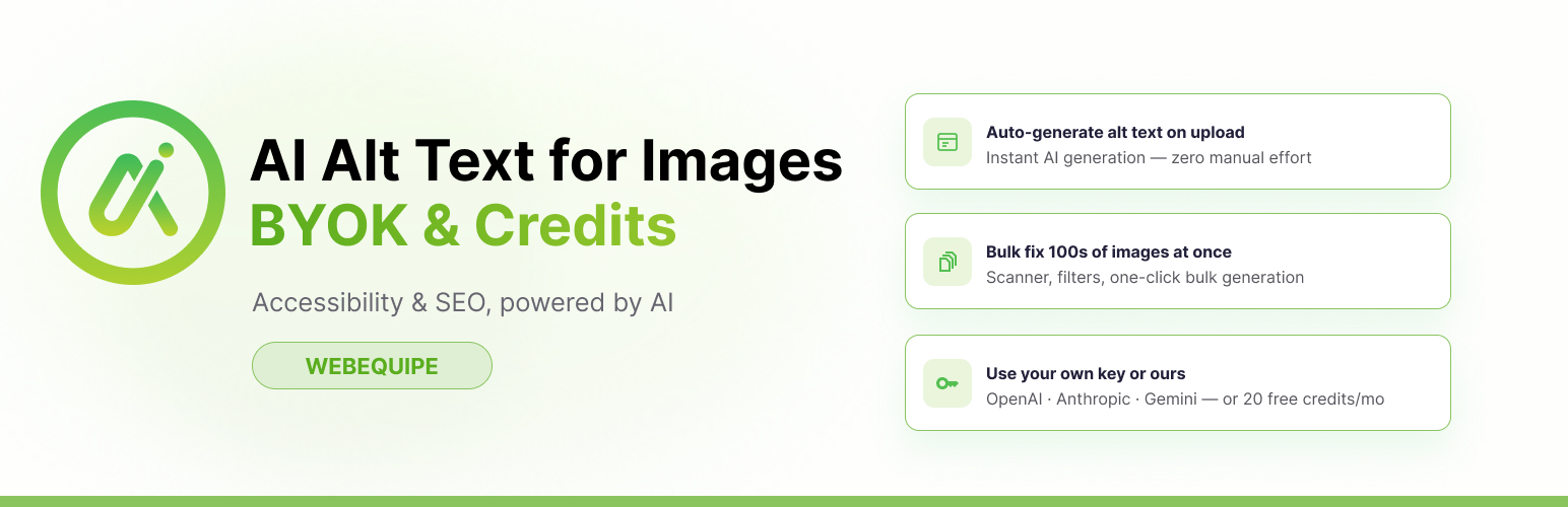 WordPress 外掛 WebEquipe AI Alt Text for Images – BYOK & Credits 的封面圖片