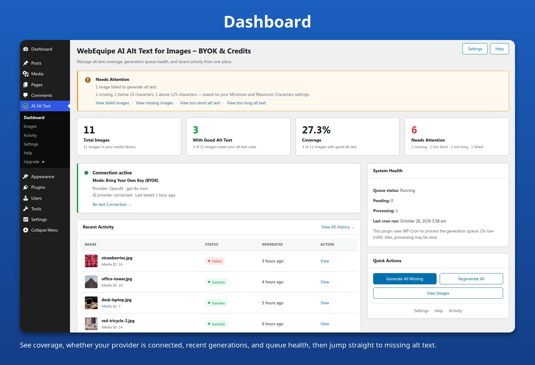 Dashboard — coverage, connection, recent generations, and queue health.