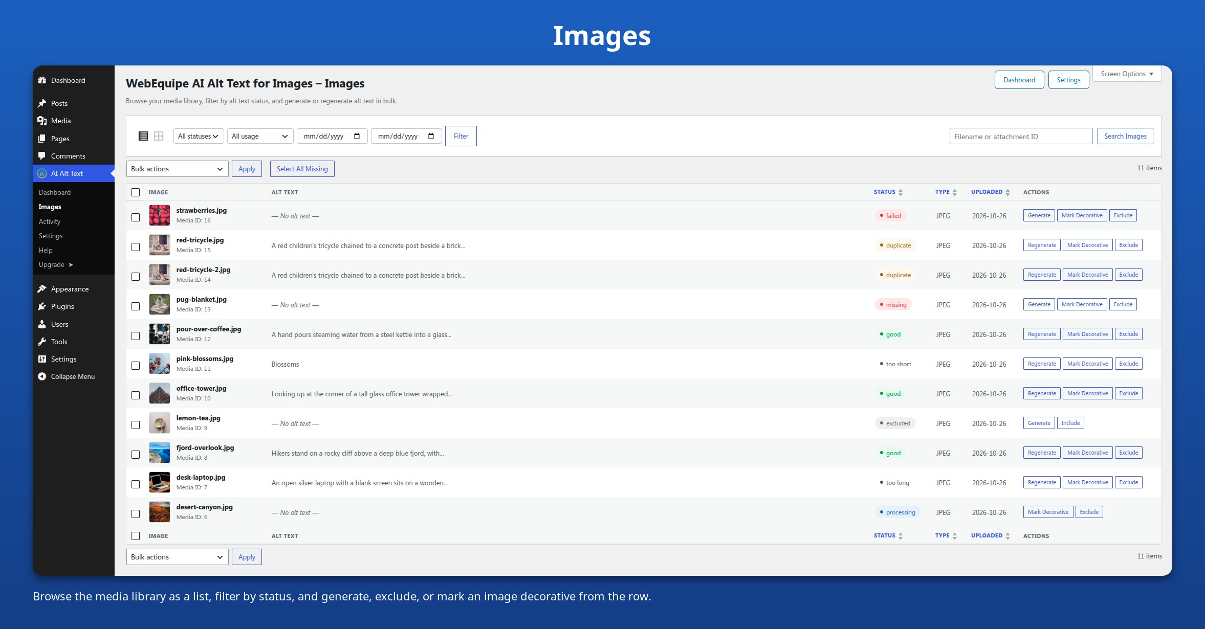 Images — filter the media library by status and generate from the list.