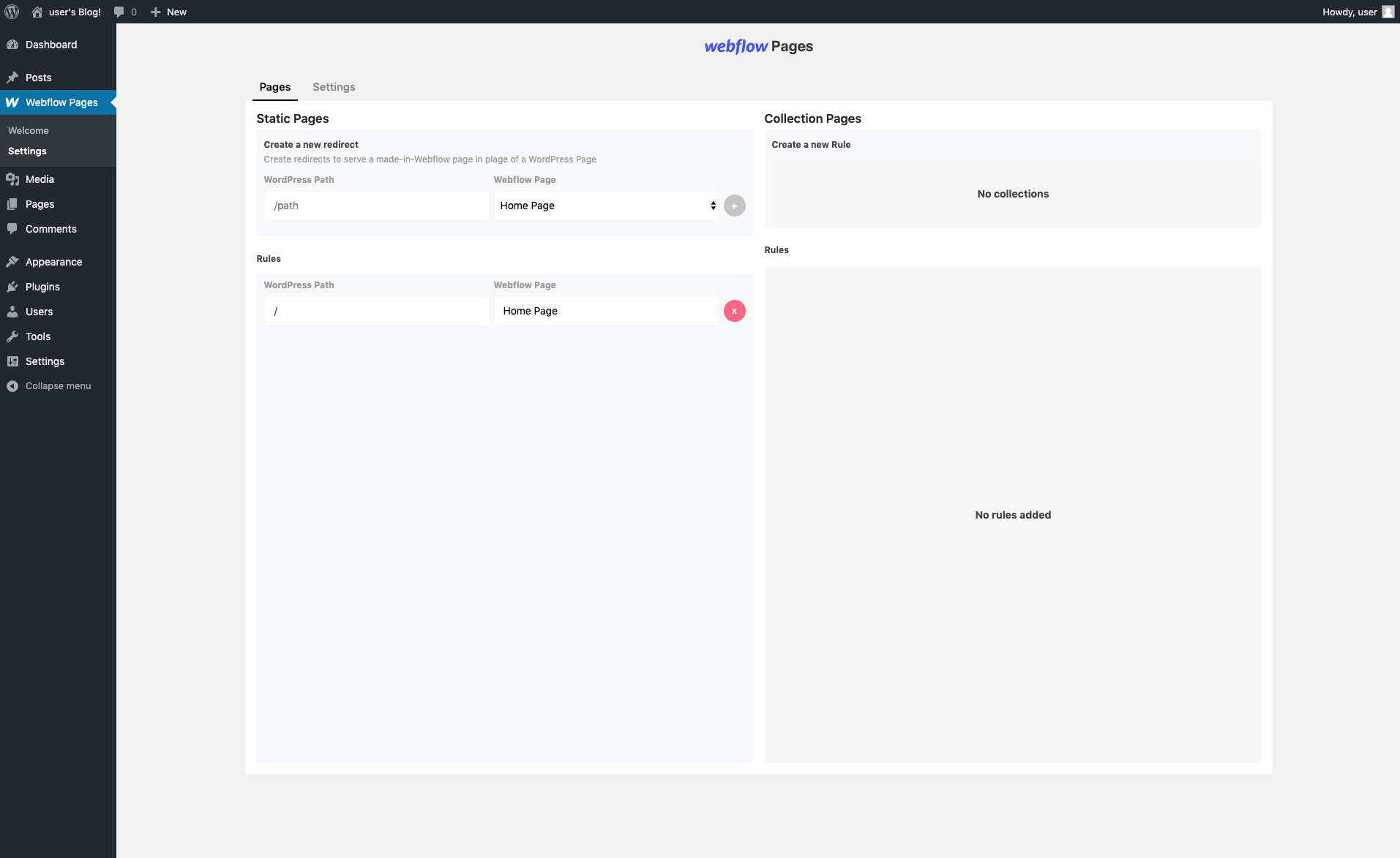 Define which Webflow pages you want to serve on your WordPress pages