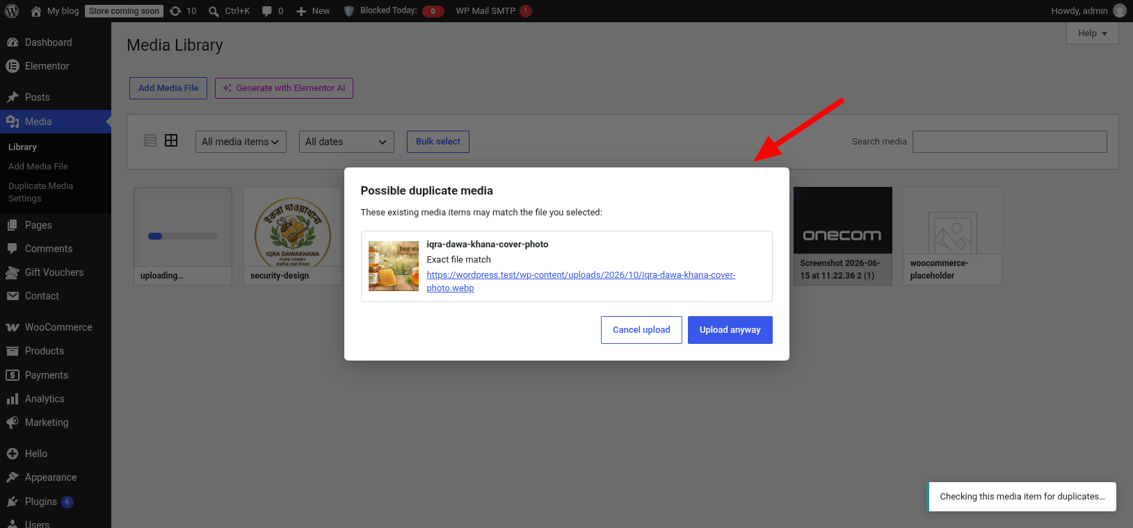 Example warning showing matching images with cancel and upload options (when enable hash check).