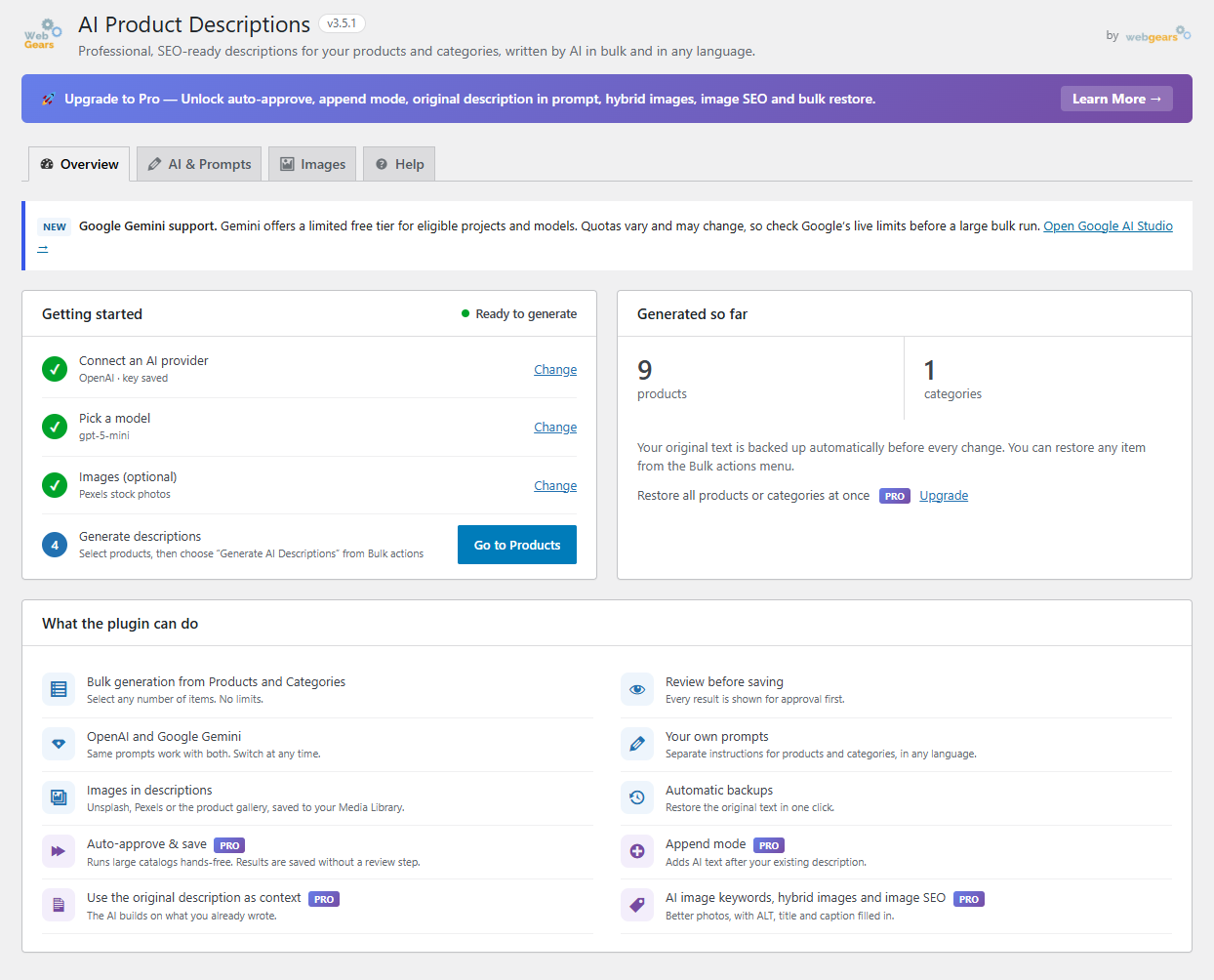 Overview — "Getting started" checklist and generated content statistics