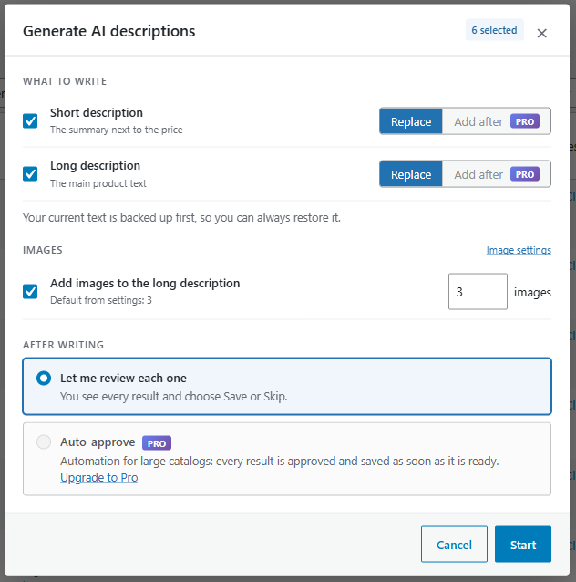 Generate window — choose what to write, number of images, and review each result or auto-approve (Pro)