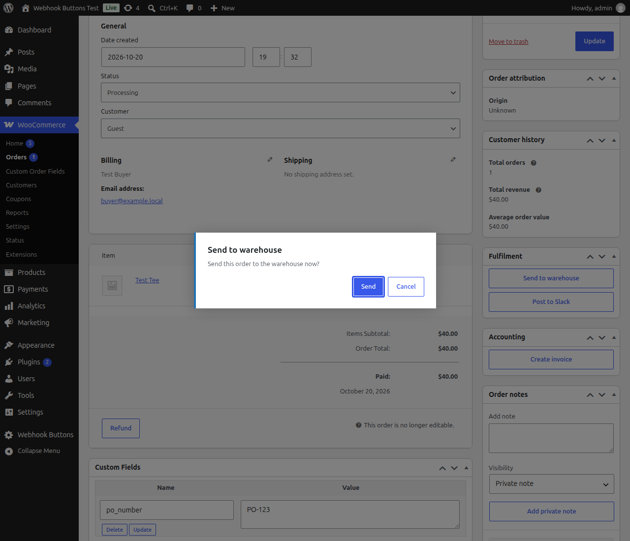 A button box on the WooCommerce order screen.