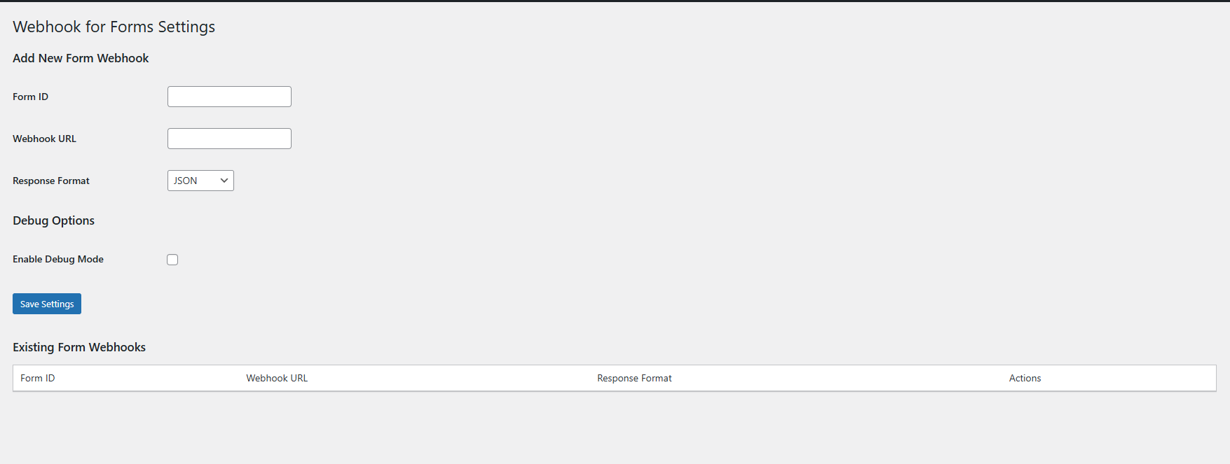 Plugin settings page for managing webhooks and debug options.
Webhook for Bricks Forms Plugin Dashboard